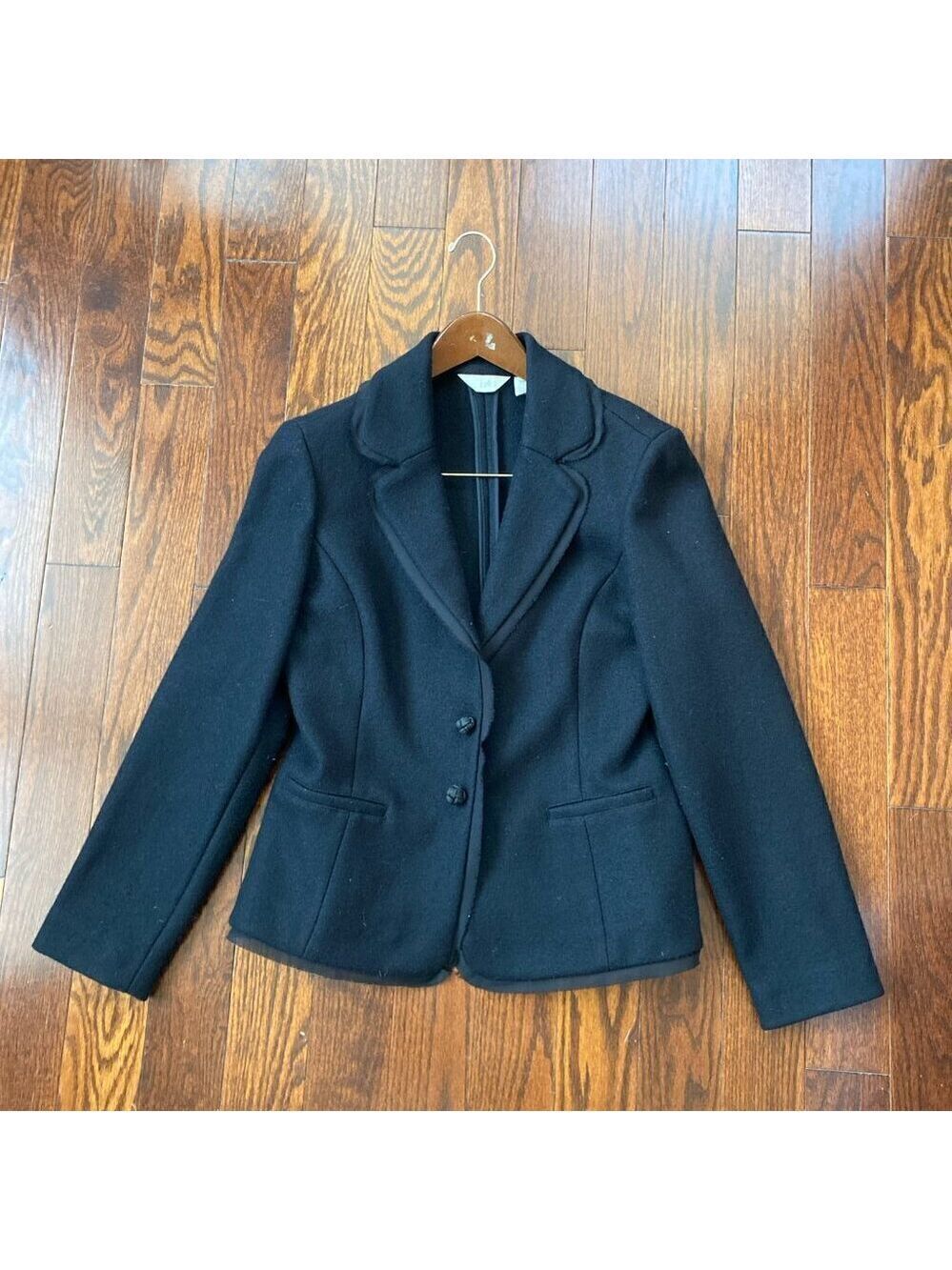J. Jill Boiled Wool Blazer Black Size 8 Covered Buttons Sheer Trim Detail